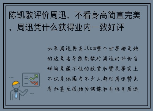 陈凯歌评价周迅，不看身高简直完美，周迅凭什么获得业内一致好评