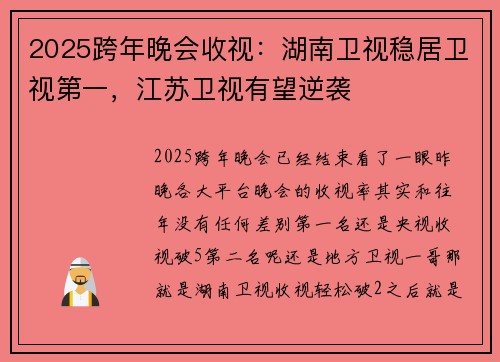 2025跨年晚会收视：湖南卫视稳居卫视第一，江苏卫视有望逆袭