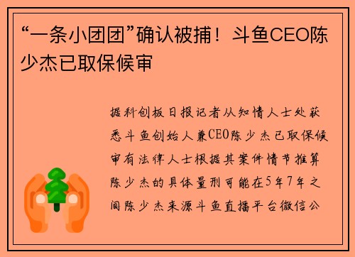 “一条小团团”确认被捕！斗鱼CEO陈少杰已取保候审