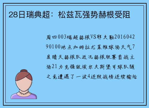 28日瑞典超：松兹瓦强势赫根受阻