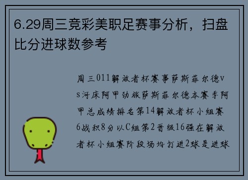 6.29周三竞彩美职足赛事分析，扫盘比分进球数参考