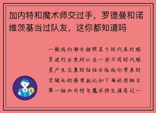 加内特和魔术师交过手，罗德曼和诺维茨基当过队友，这你都知道吗