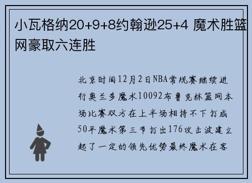小瓦格纳20+9+8约翰逊25+4 魔术胜篮网豪取六连胜