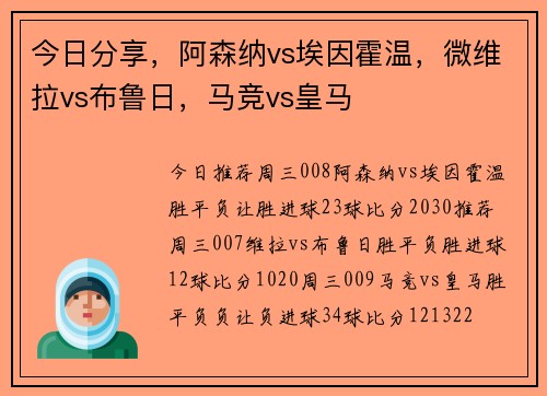 今日分享，阿森纳vs埃因霍温，微维拉vs布鲁日，马竞vs皇马