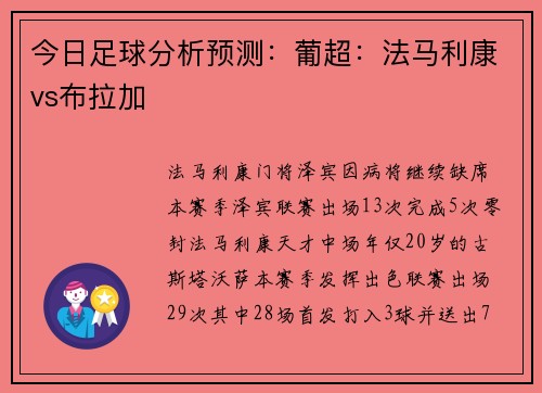 今日足球分析预测：葡超：法马利康vs布拉加